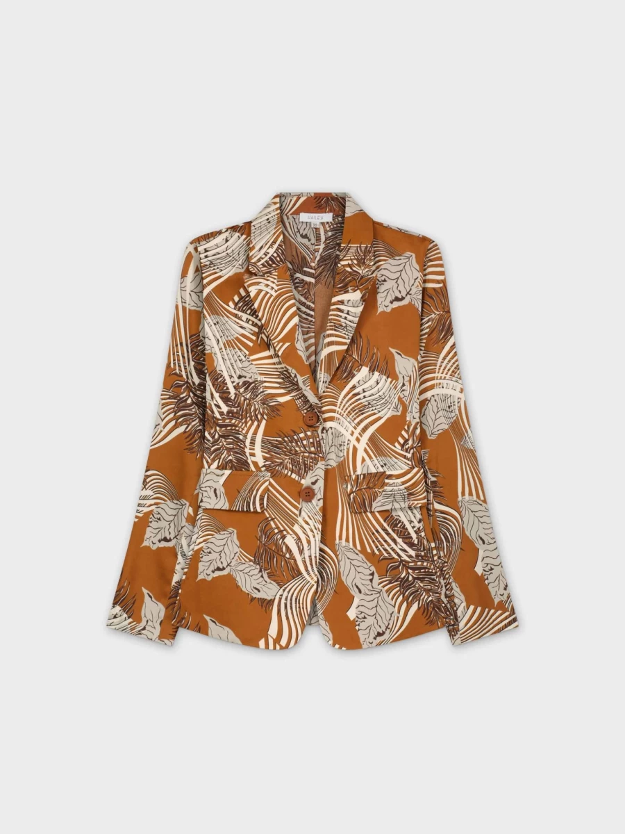 "HAILEY Women's Satin Blazer - Brown Leaf Print Elegant Jacket for Women"