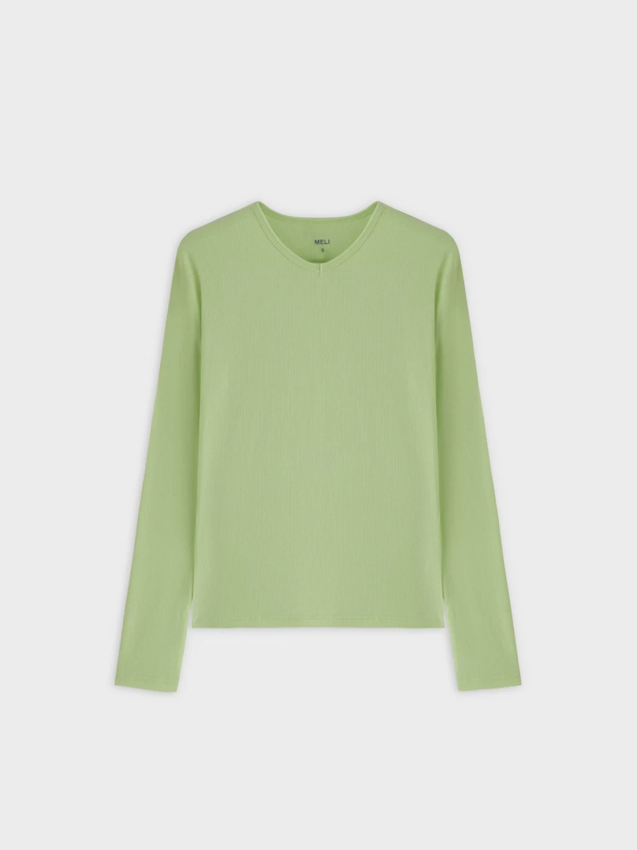 MELI Women's High V-Neck Ribbed Long Sleeve Tee in Neon Green - Stretch Fit Casual Top