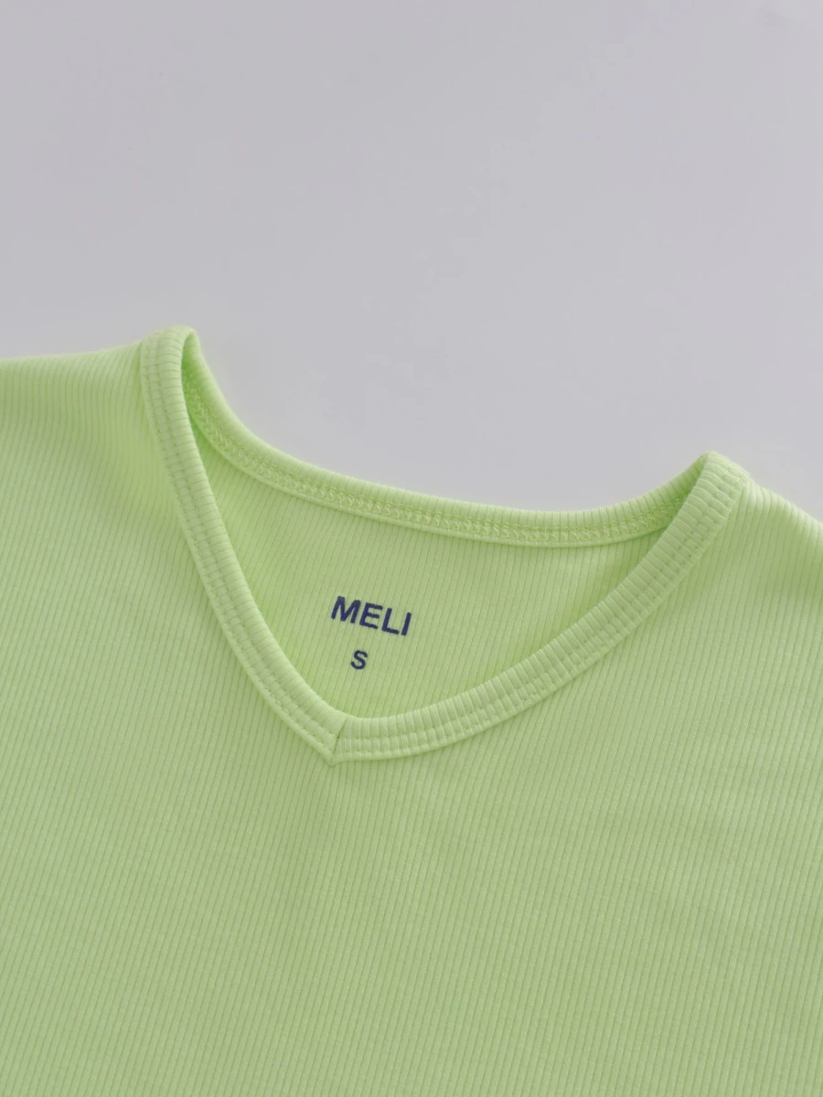 MELI Women's High V-Neck Ribbed Long Sleeve Tee in Neon Green - Stretch Fit Casual Top