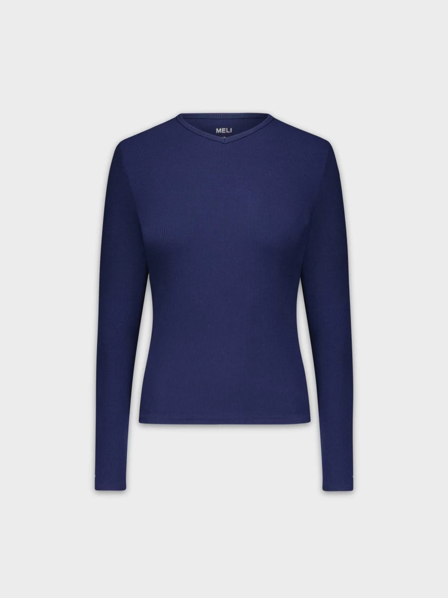 MELI Women's Ribbed High V-Neck Long Sleeve Top in Navy