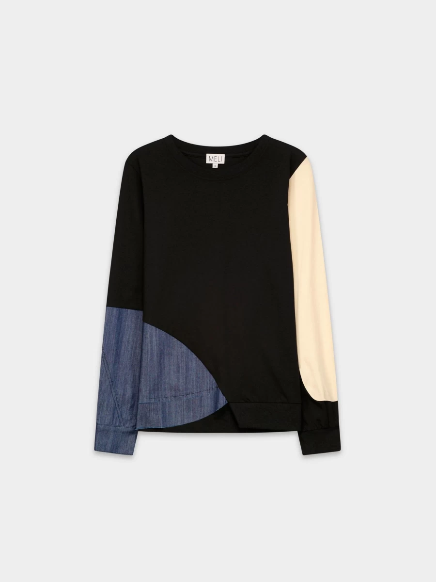 MELI Women's Black Denim Patch Tee - Vintage Inspired Casual T-Shirt