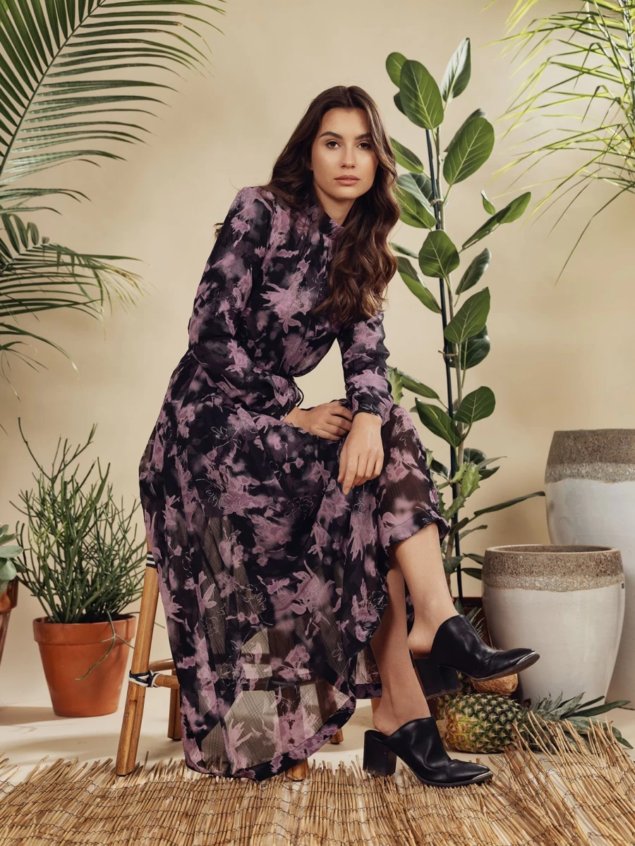 STELLA & ROSE Women's Printed Belted Dress - Black & Lavender Floral Wrap Dress