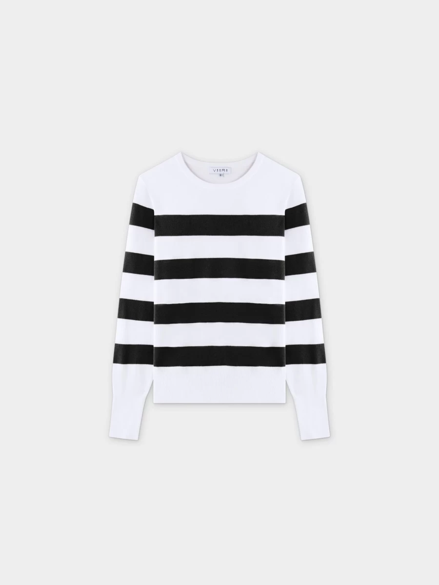VAARA Women's Black Striped Cotton Sweater - Soft Crewneck Long Sleeve Top