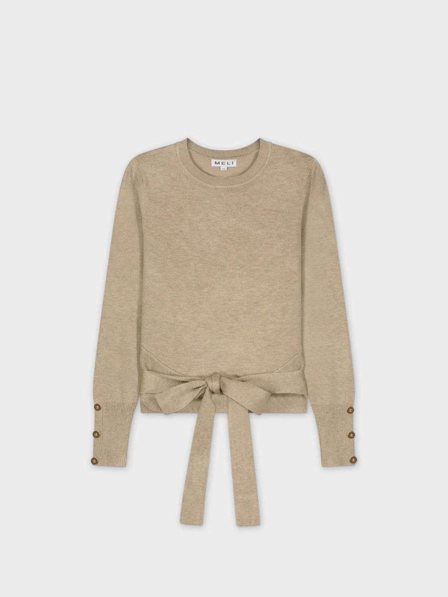 MELI Women's Taupe Wrap Tie Front Knit Sweater