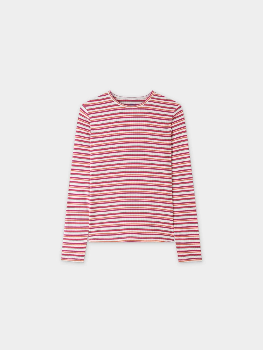 MELI Women's Striped Ribbed Crew Neck T-Shirt - White, Orange & Hot Pink Color Block Casual Top