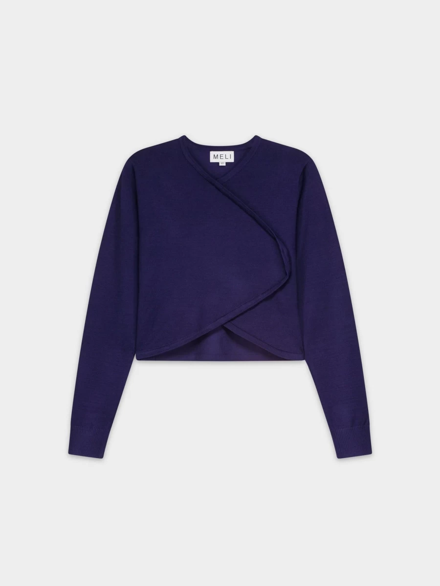 MELI Women's Navy Crop Crossover Sweater - Stylish Knit Top for Casual Wear