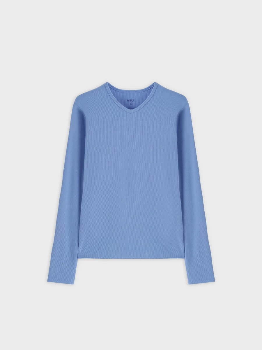 MELI Women's High V-Neck Ribbed Long Sleeve Tee in Ocean Blue