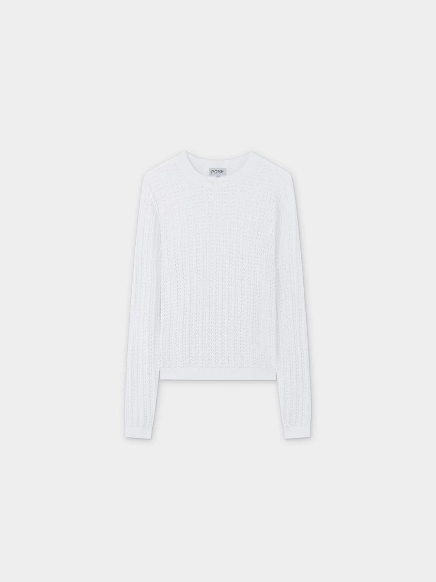 Pose Women's White Pointelle Knit Sweater - Lace Detail Pullover Top
