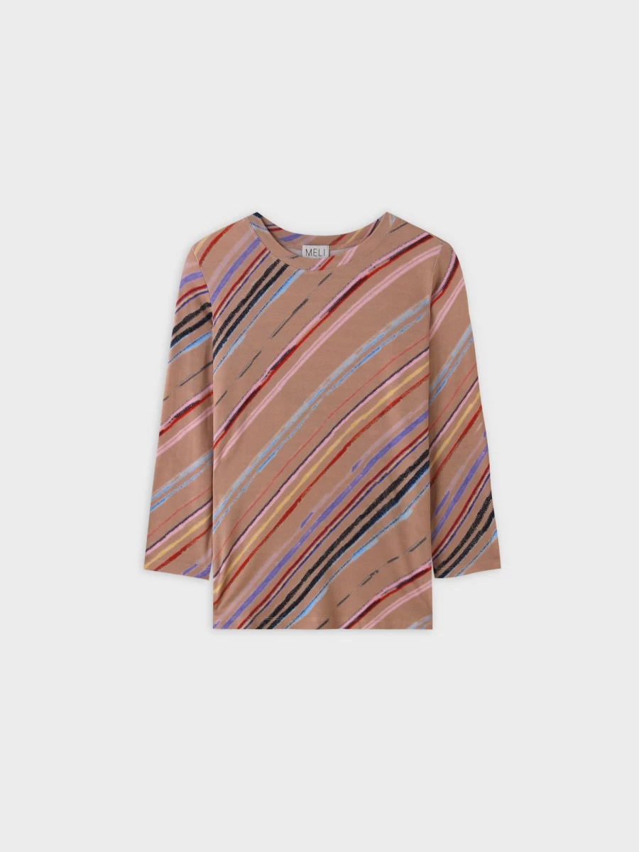 "MELI Women's Diagonal Pattern Tan T-Shirt - Stylish Casual Tee"
