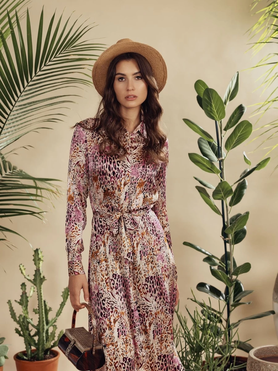 Pose Women's Pink Leopard Print Belted A-Line Dress - Basic Casual Style
