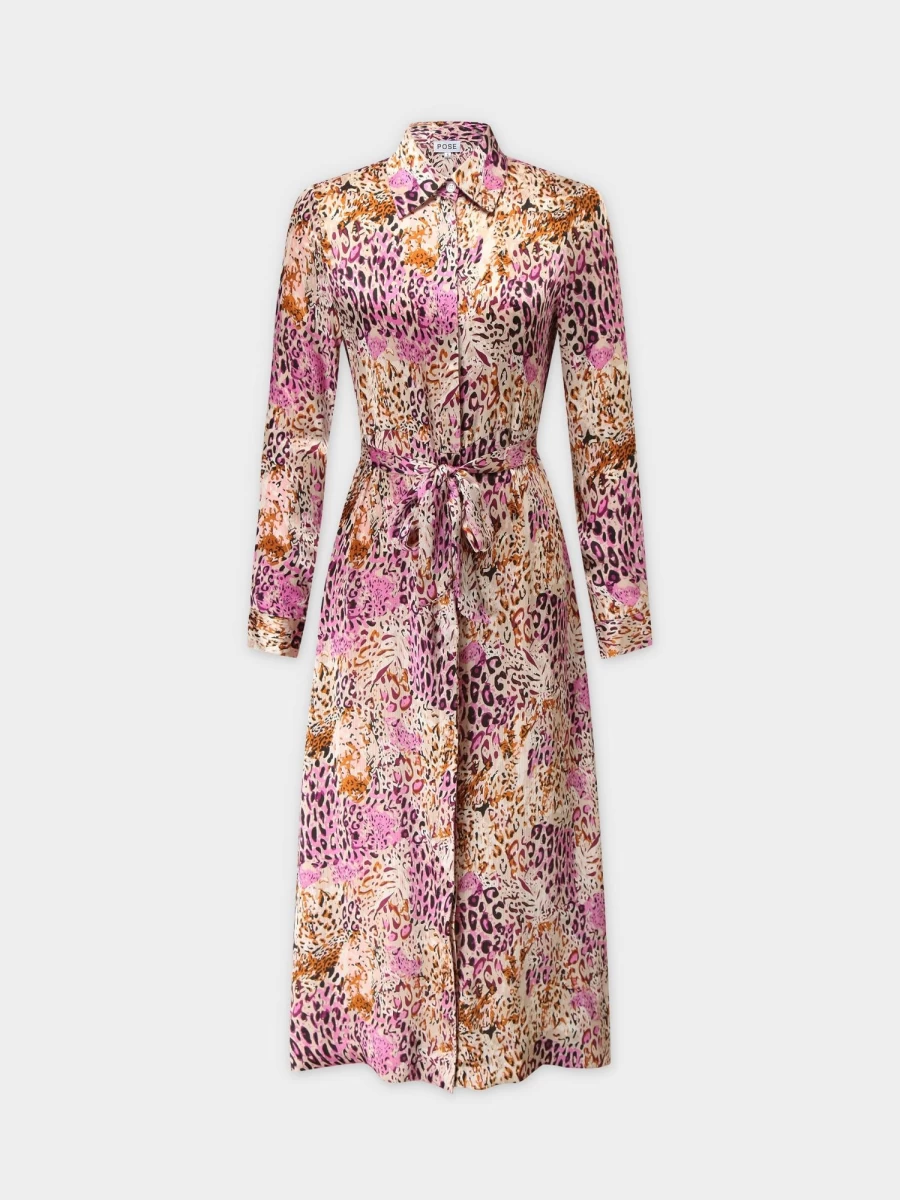 Pose Women's Pink Leopard Print Belted A-Line Dress - Basic Casual Style