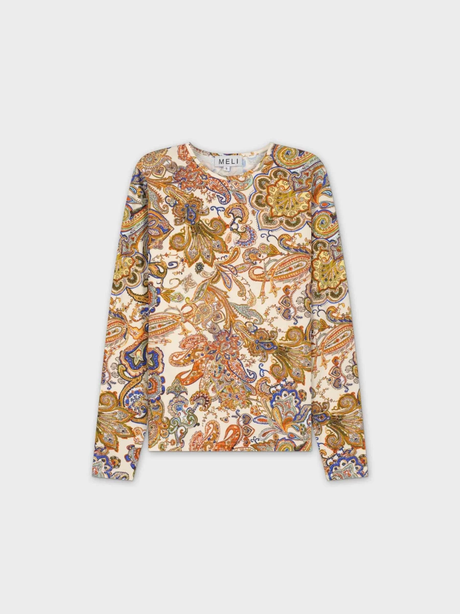 MELI Women's Printed Crew Neck T-Shirt with Paisley Pattern - Stylish Casual Top