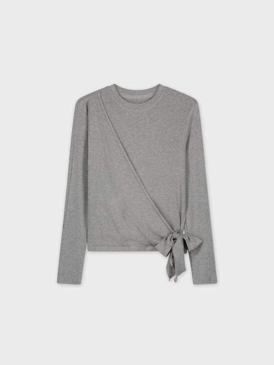MELI Women's Ribbed Wrap Tee - Heather Grey Long Sleeve T-Shirt