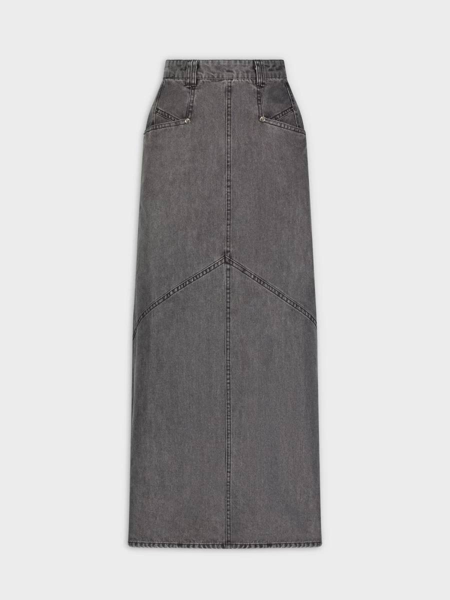 MELI Women's Black Denim Skirt with Stitched Detail - High Waist A-Line Style
