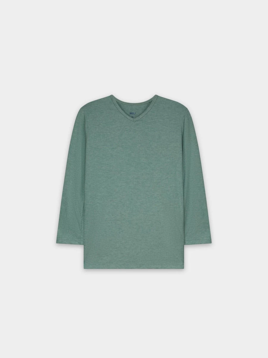 MELI Women's Ribbed High V-Neck 3/4 Sleeve Top - Heathered Green