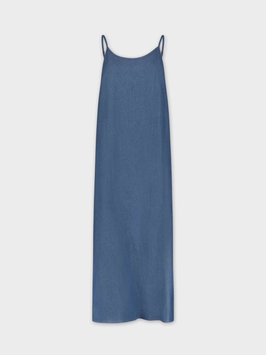 HAILEY Women's Blue Denim Crew Neck Slip Dress - Casual Slim Fit Stretchy Midi Dress