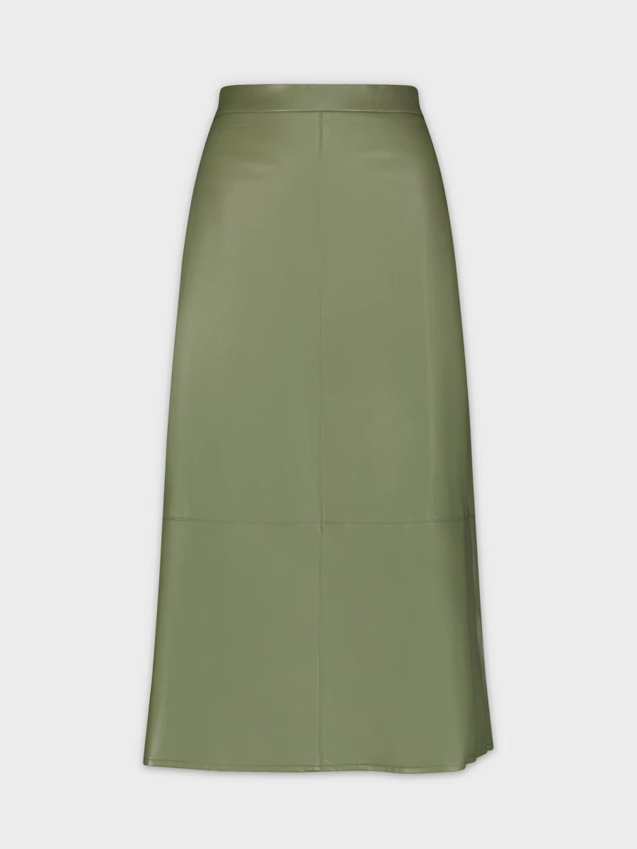 HAILEY Women's Olive Midi Skirt - Genuine Leather with Seamed Detail