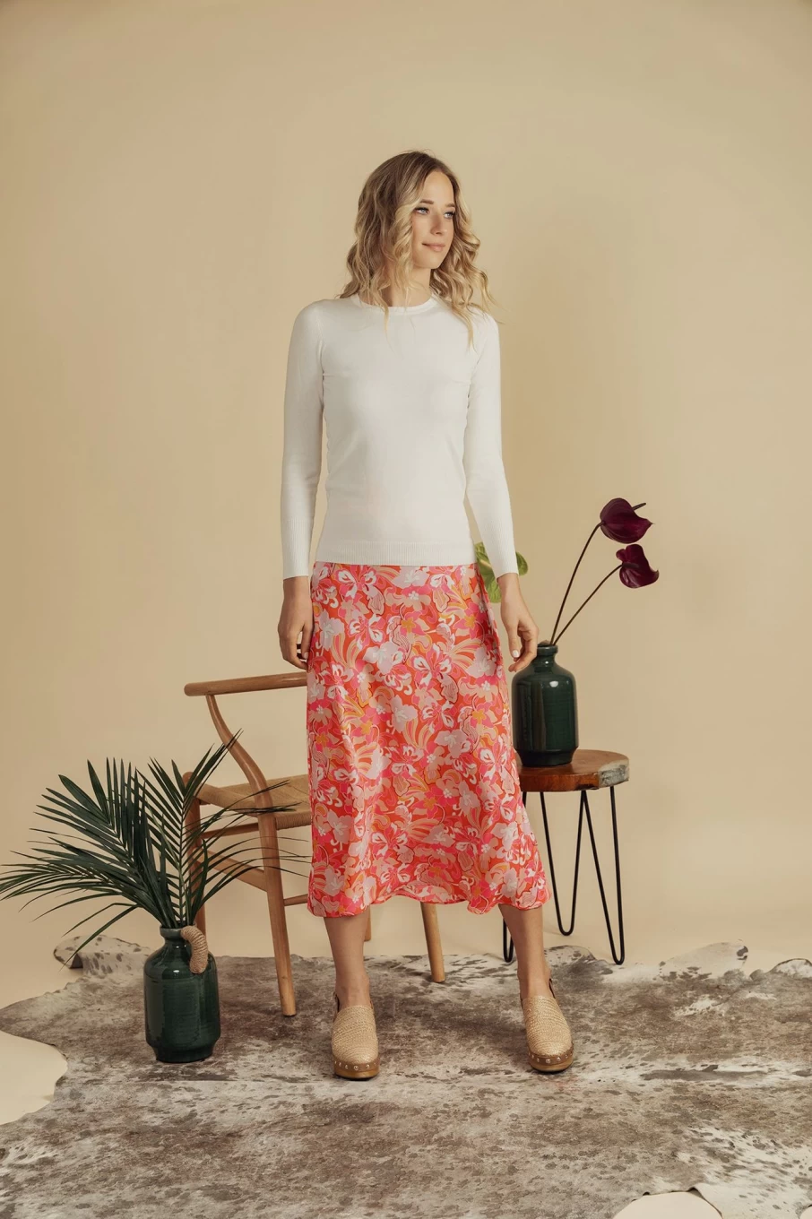 "HAILEY Women's Pink Retro Satin Slip Skirt - Vintage Style Midi Skirt"