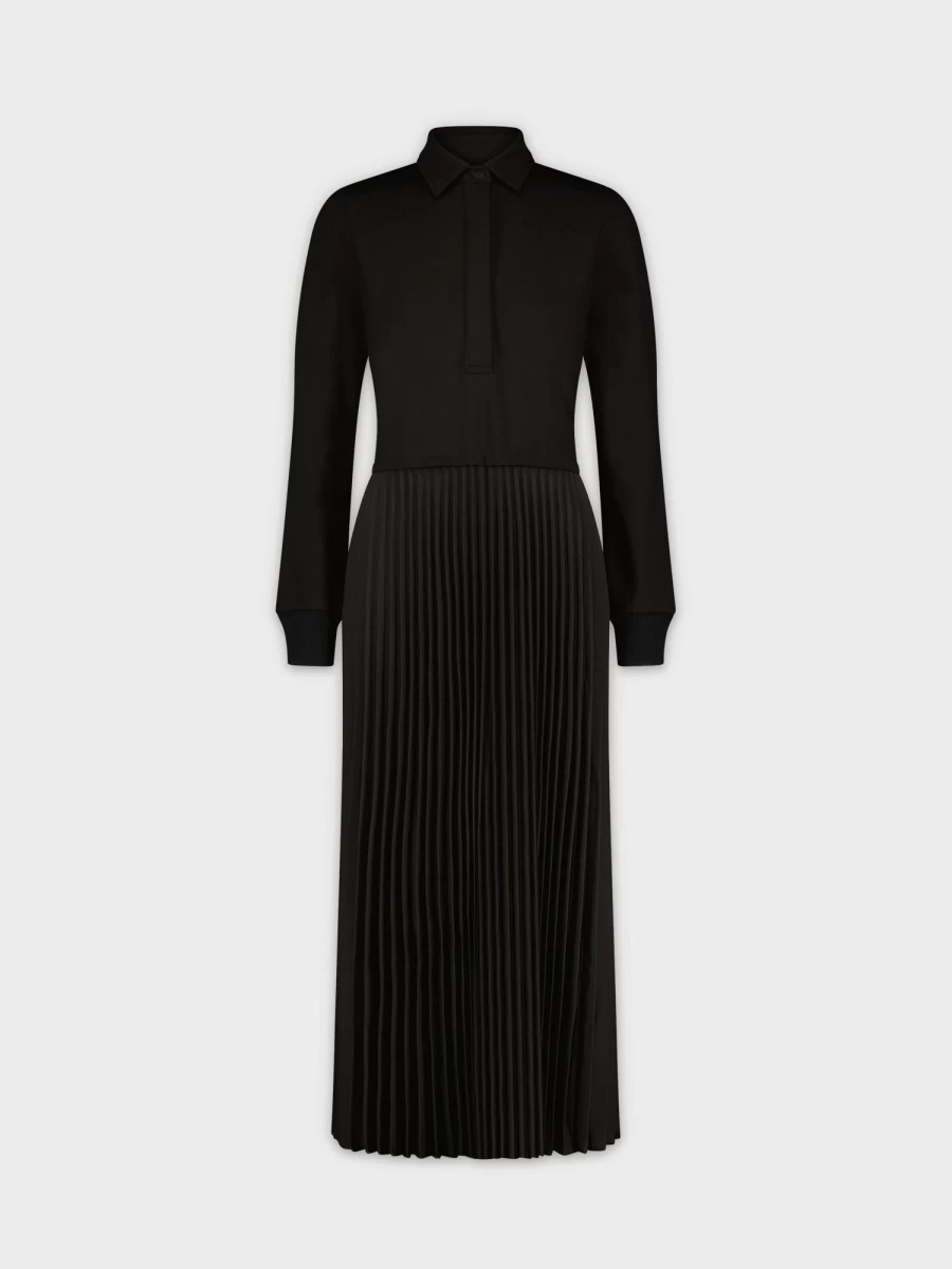 SOLEI Women's Black Midi Shirtdress with Pleat Detail - Elegant Casual Dress