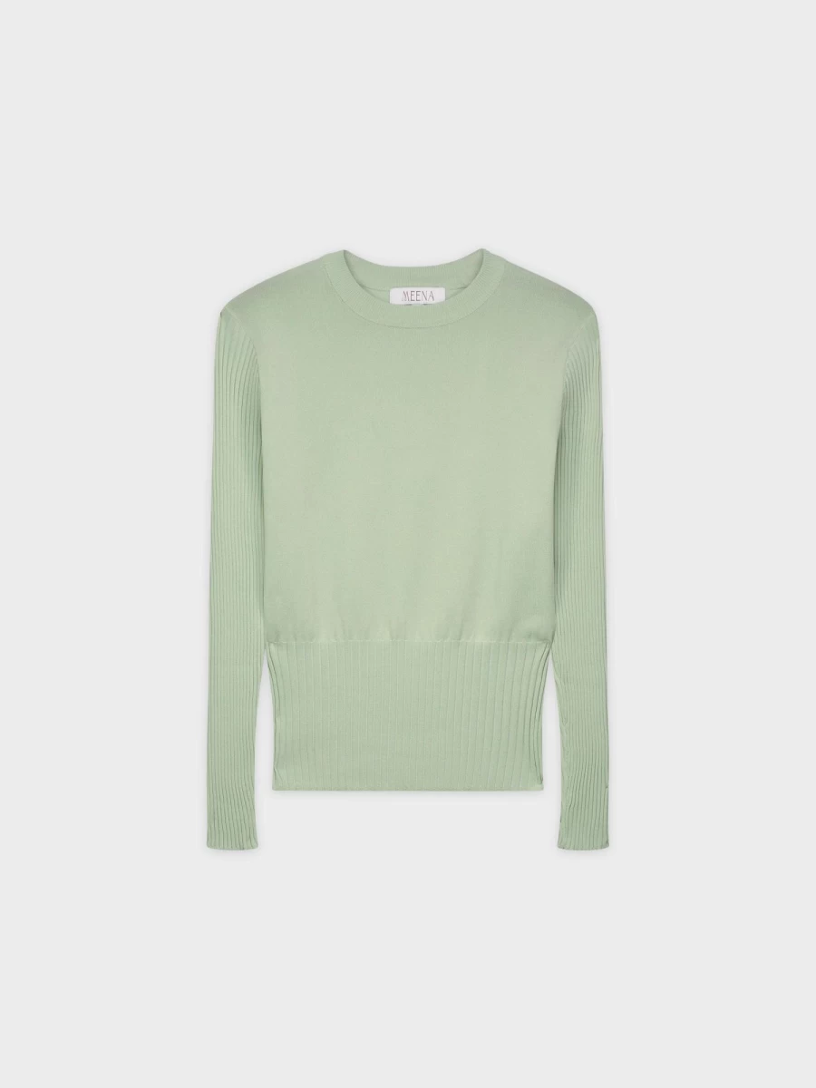 MEENA Women's Sage Green Ribbed Waist Sweater - Cozy Knit Pullover