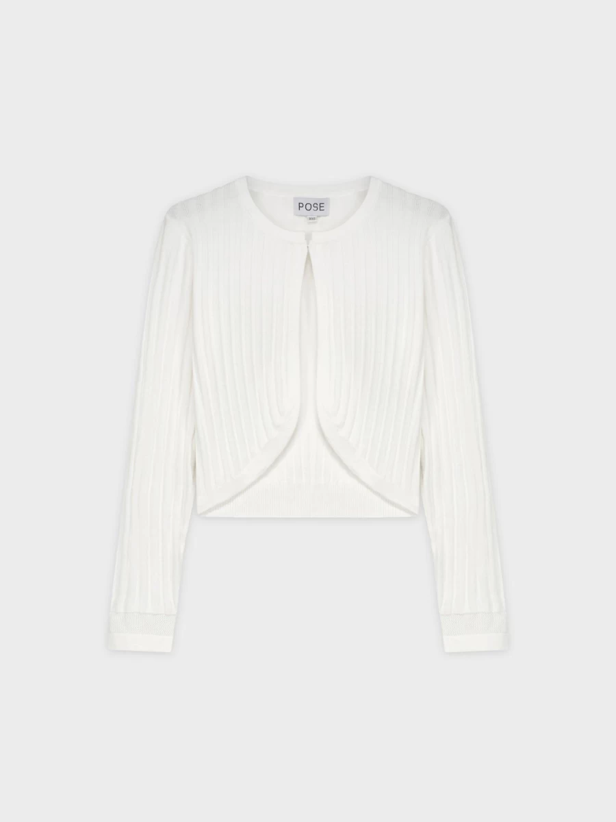 "POSE Women's White Ribbed Shrug - Elegant Knit Cover-Up"