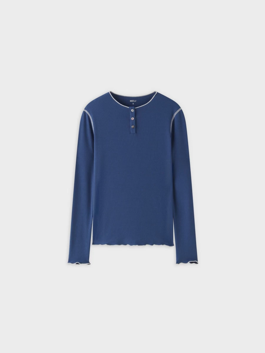 MELI Women's Blue & Ivory Henley Shirt with Overlock Stitching - Comfortable Casual Top