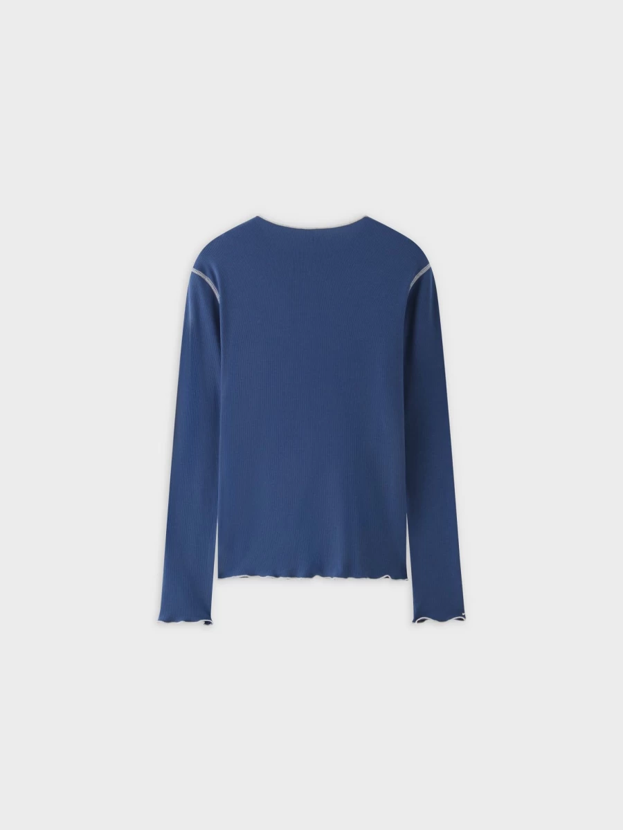 MELI Women's Blue & Ivory Henley Shirt with Overlock Stitching - Comfortable Casual Top