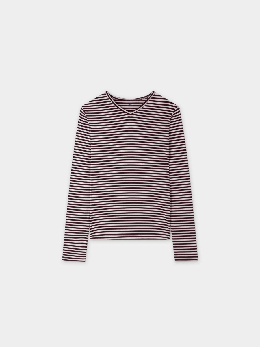 MELI Women's Thin Stripe High V-Neck T-Shirt - Maroon & White Striped Tee