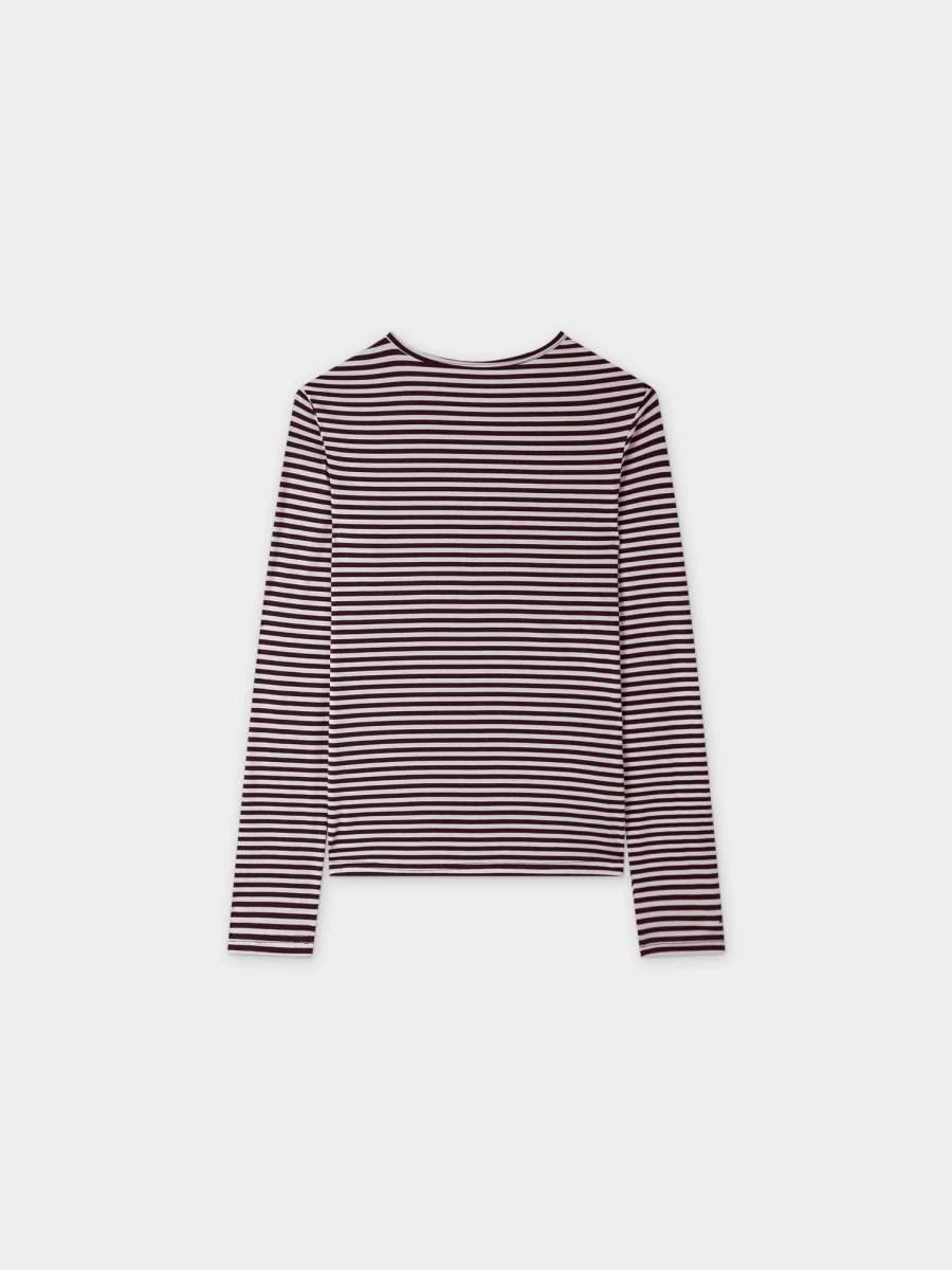 MELI Women's Thin Stripe High V-Neck T-Shirt - Maroon & White Striped Tee
