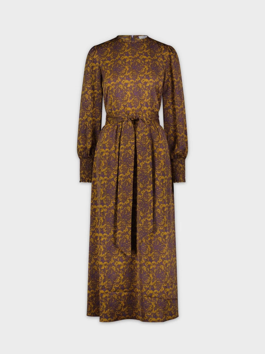 TARI Women's Purple & Gold Floral Smocked Cuff Belted Dress - Elegant Casual Wear