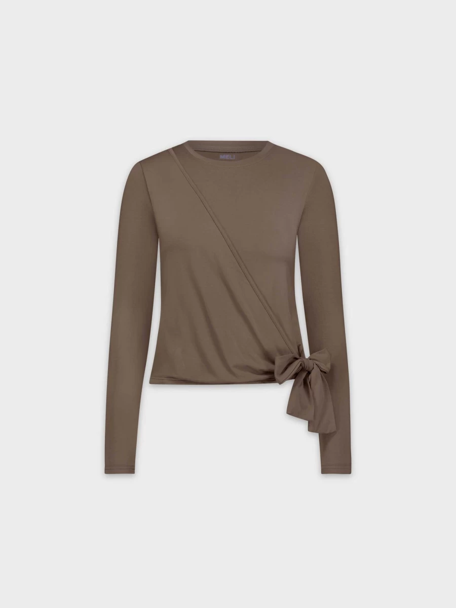 MELI Women's Brown Wrap Tee - Soft Cotton Wrap Neck T-Shirt for Women