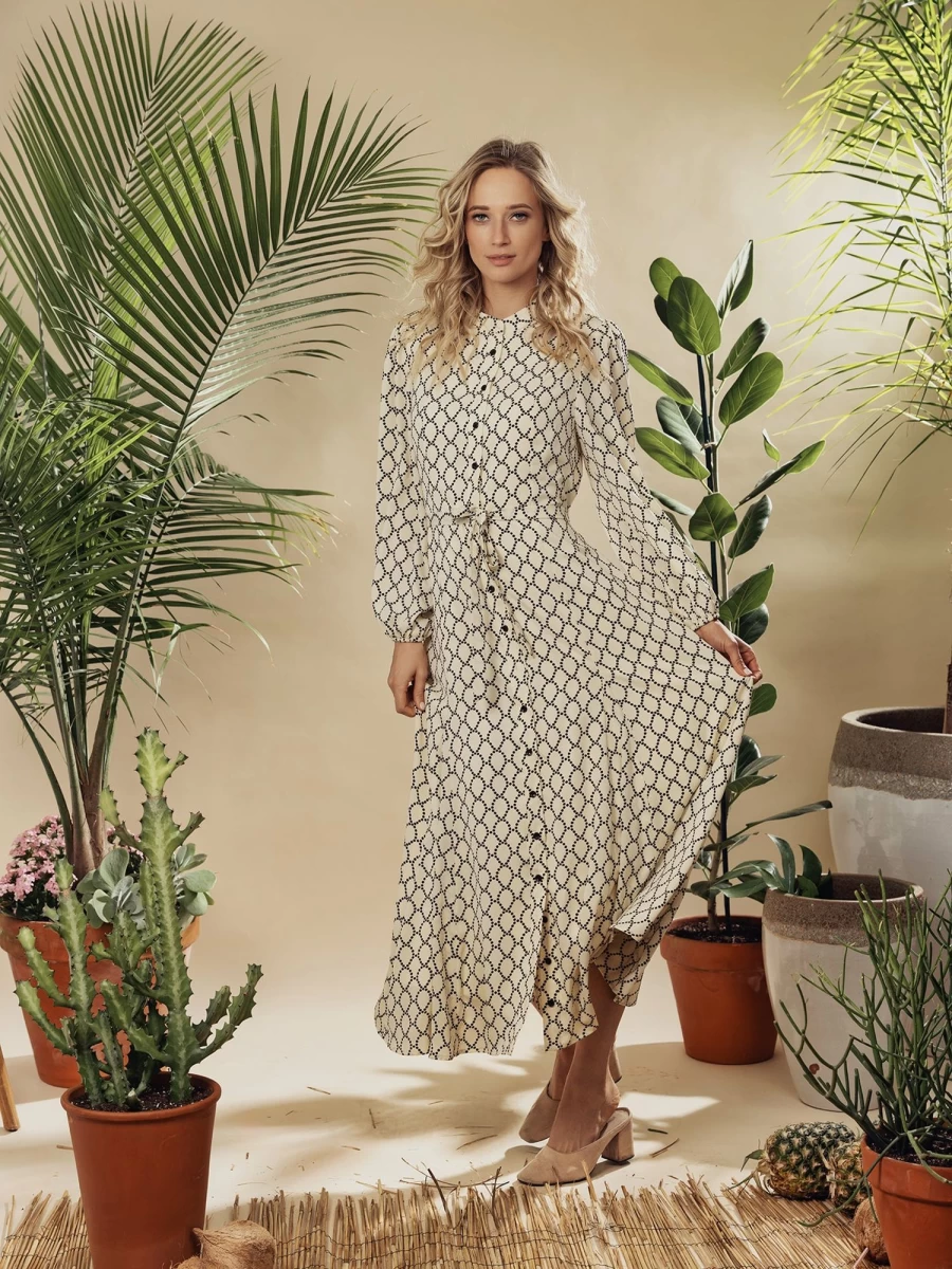 SOLEI Women's A-Line Shirtdress with Geometric Dot Print - Stylish Casual Dress