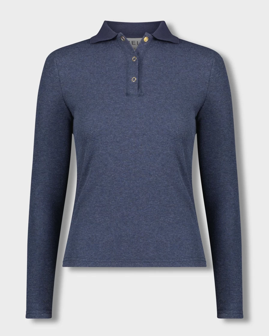 MELI Women's Ribbed Collar T-Shirt - Soft Blue Casual Tee for Everyday Wear