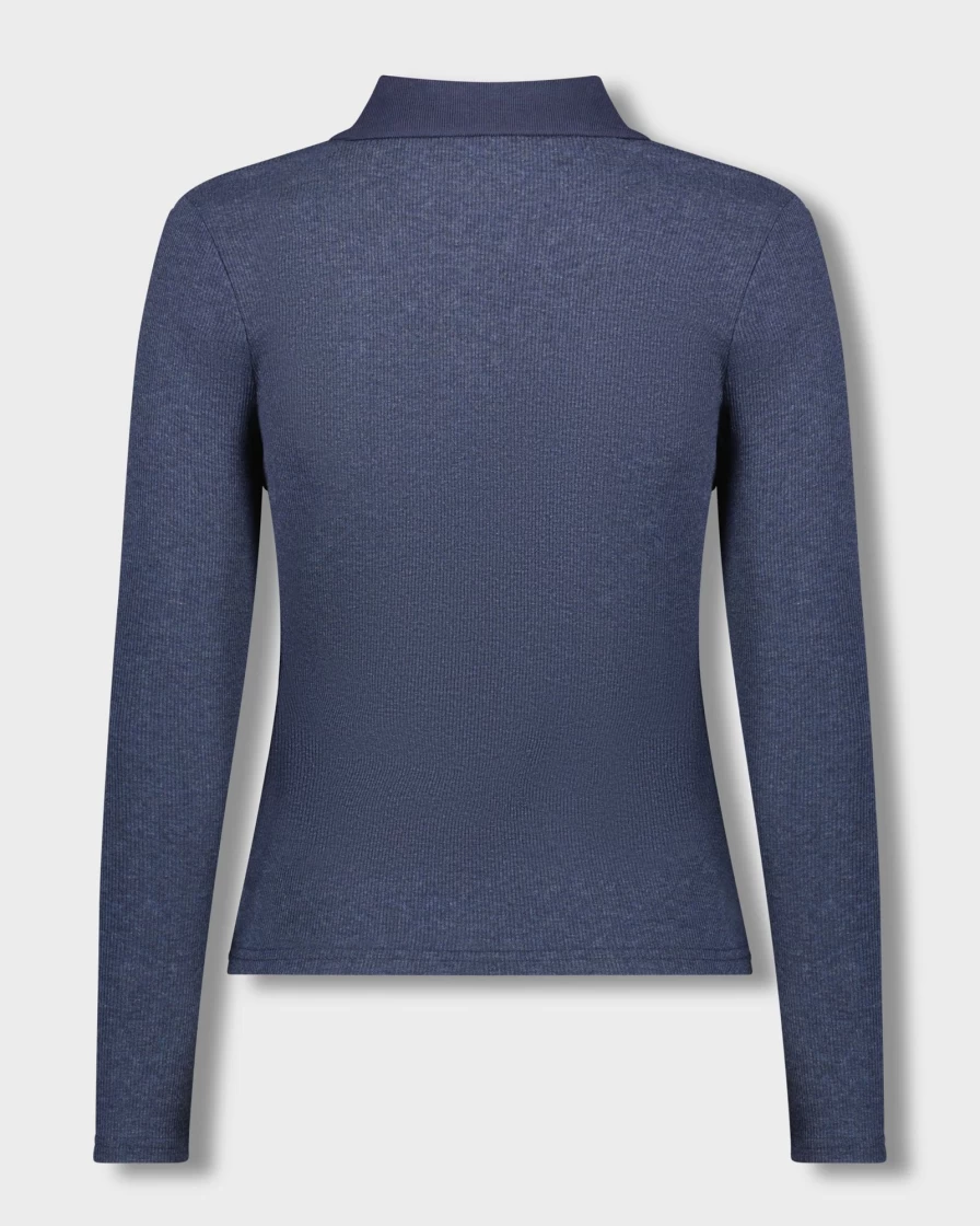 MELI Women's Ribbed Collar T-Shirt - Soft Blue Casual Tee for Everyday Wear