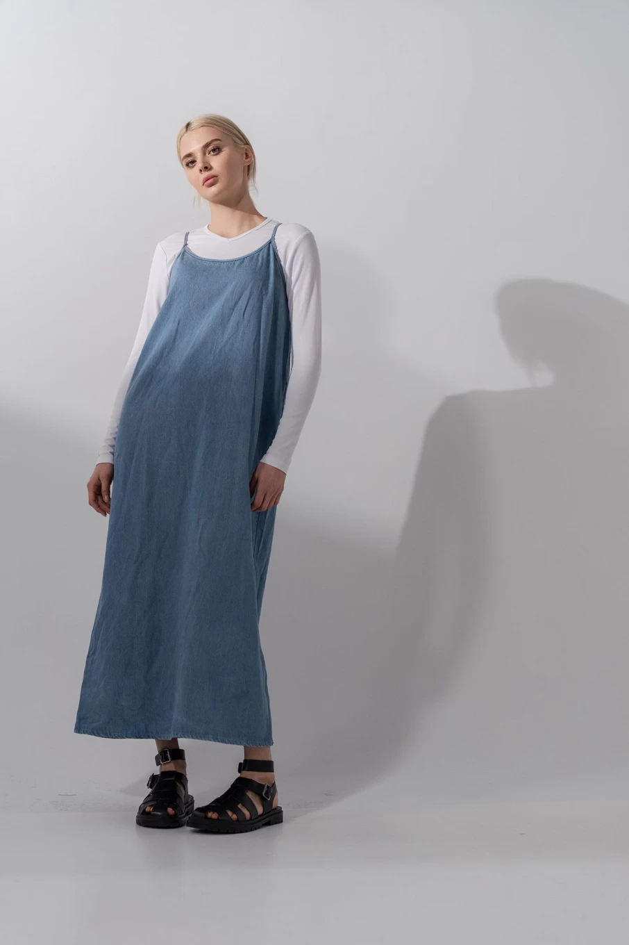 HAILEY Women's Light Blue Denim Crew Neck Slip Dress - Casual & Comfortable