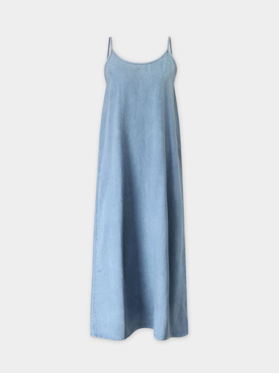 HAILEY Women's Light Blue Denim Crew Neck Slip Dress - Casual & Comfortable