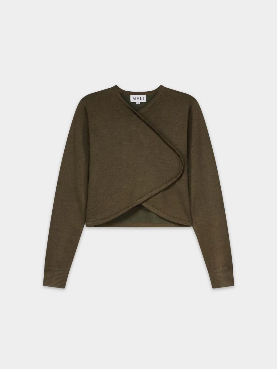 MELI Women's Olive Green Crop Crossover Sweater - Stylish Knit Pullover