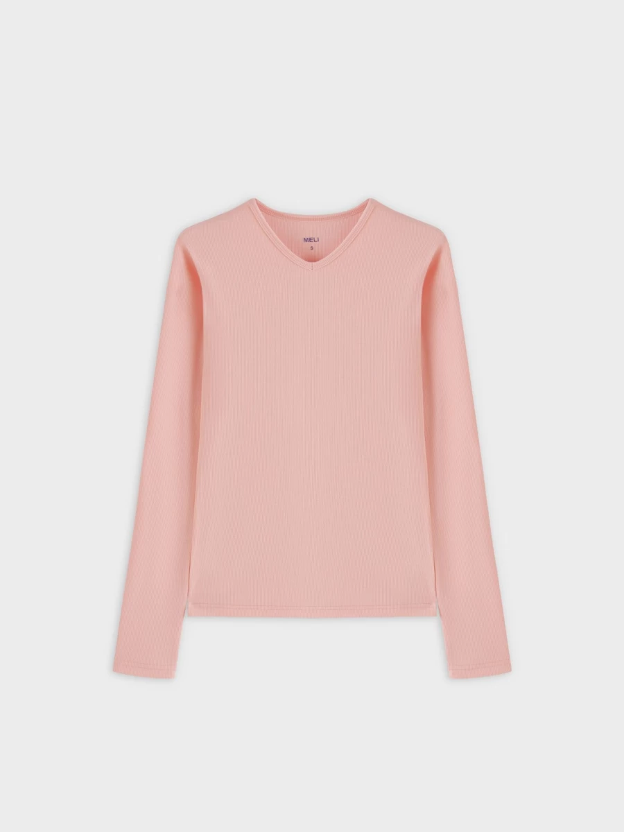 MELI Women's High V-Neck Ribbed Long Sleeve Tee in Peach