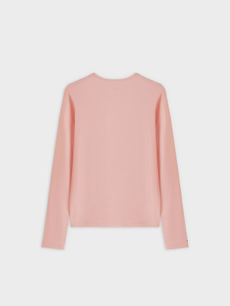 MELI Women's High V-Neck Ribbed Long Sleeve Tee in Peach
