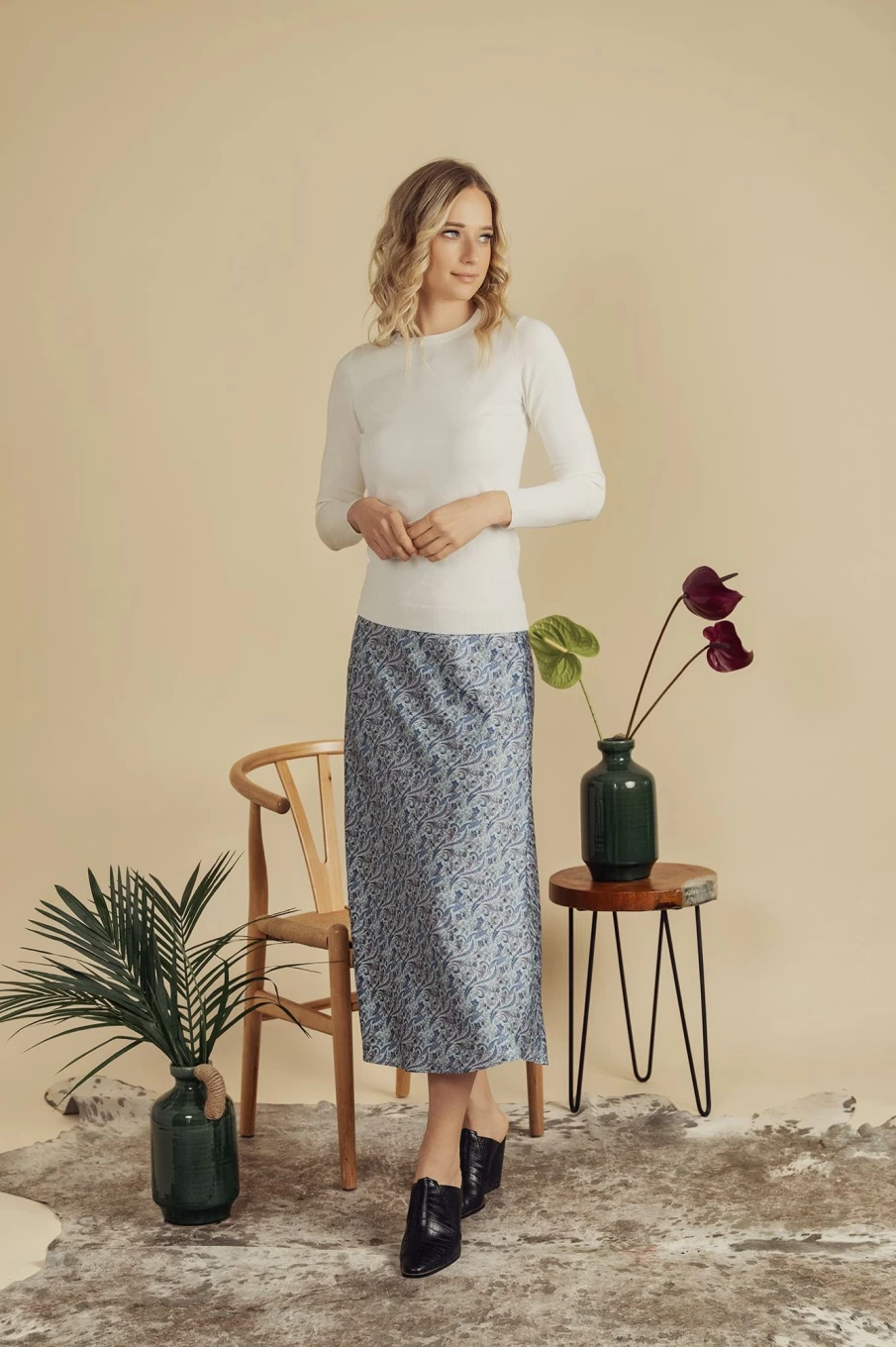 "HAILEY Women's Light Blue Paisley Satin Slip Skirt - Elegant Lounge & Sleepwear"