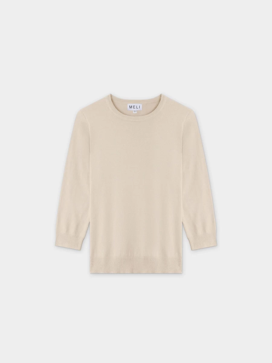MELI Women's Basic Crew Neck Sweater in 3Q-Ivory - Soft Casual Knit Pullover Top
