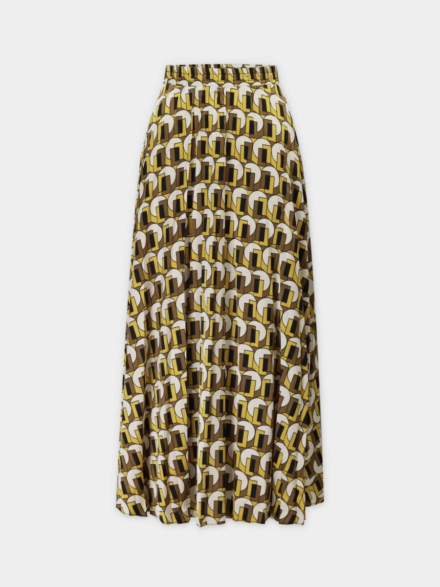 Pose Women's Gold Geometric Print Pleated Midi Skirt with Elastic Waistband - 37" Length
