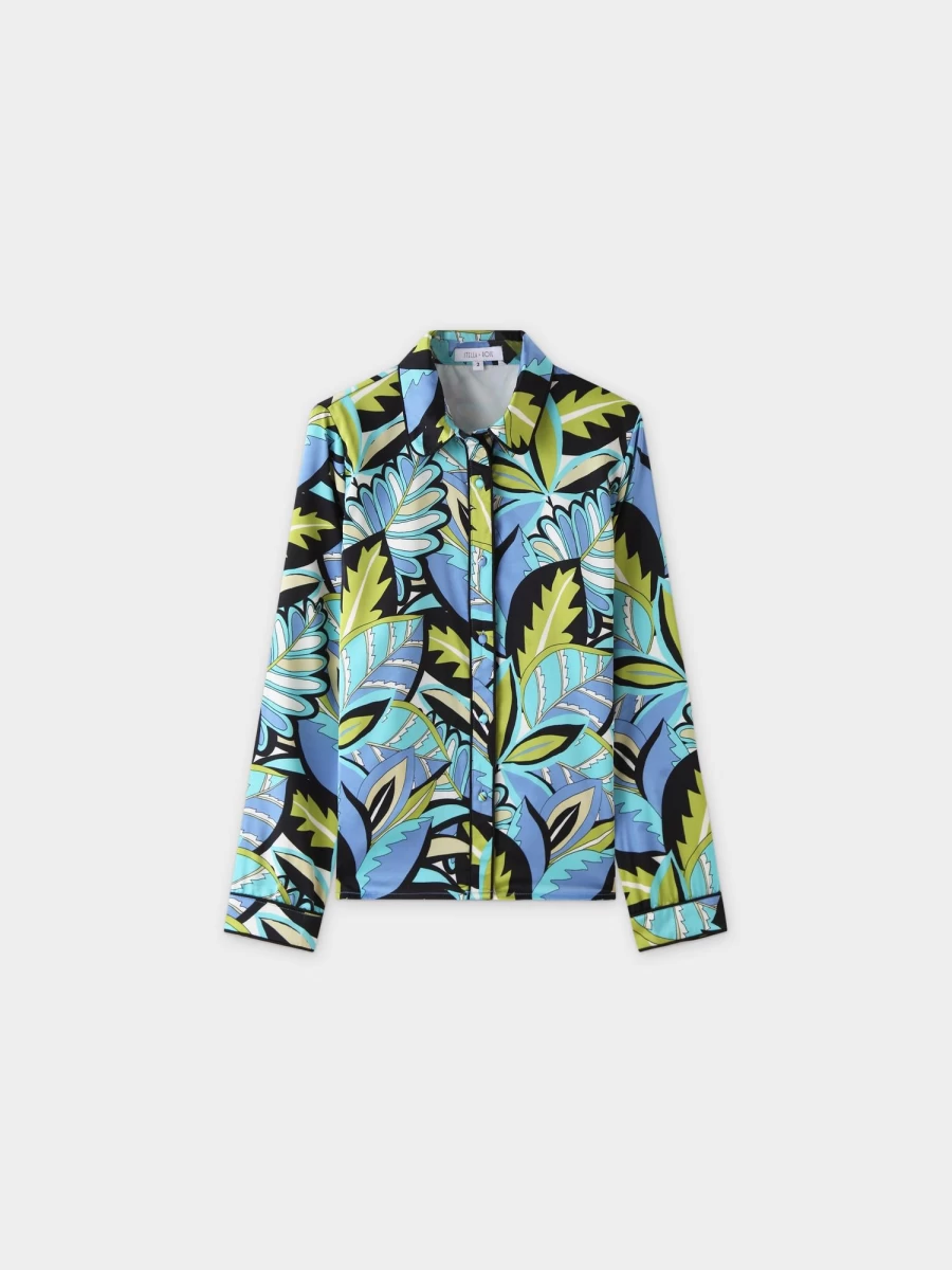 "STELLA & ROSE Women's Green Leaf Print Piped Blouse - Floral Embroidered Top"