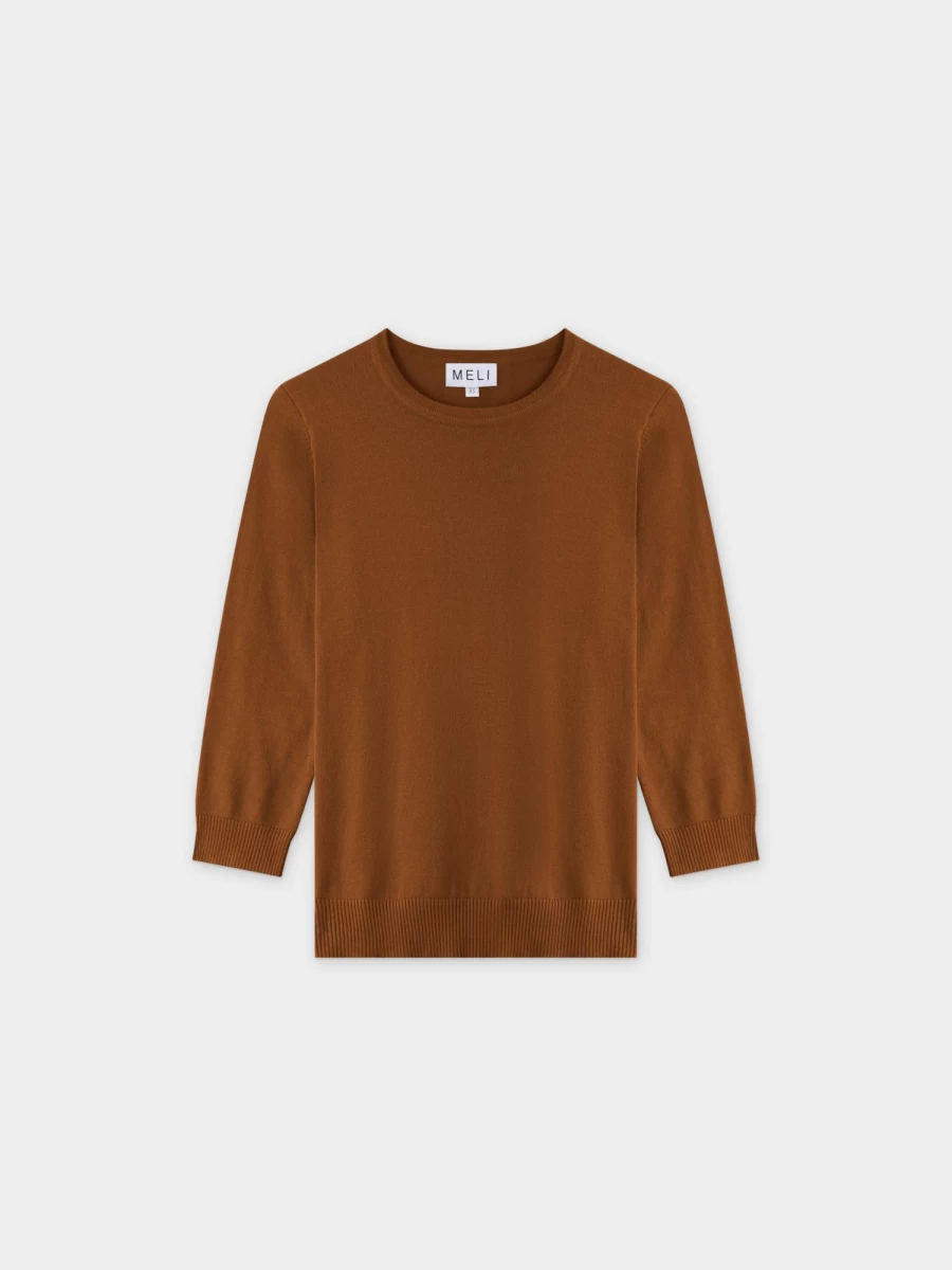 MELI Women's Basic Crew Neck Sweater in 3Q-Brown - Soft Casual Knit Pullover