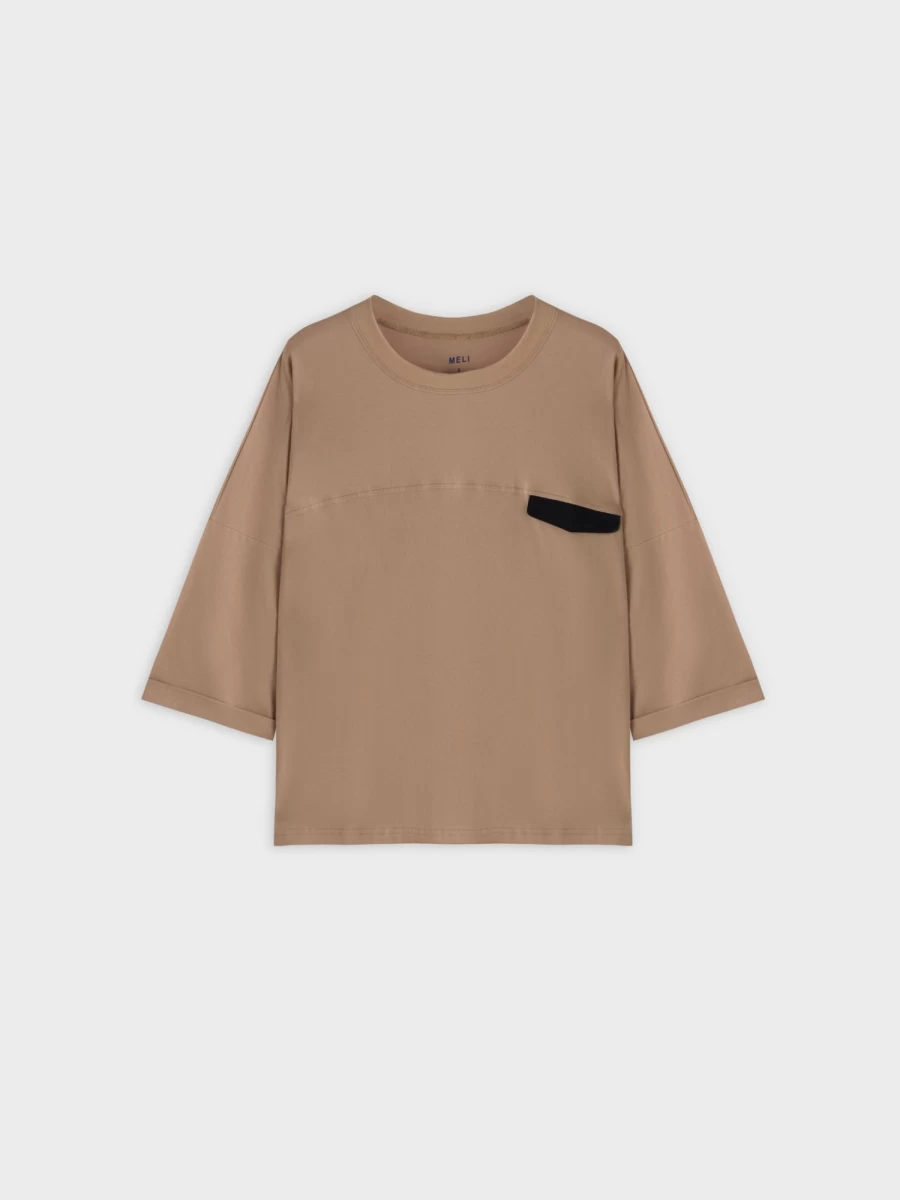 MELI Women's Pocket Tab T-Shirt in Tan and Black - Stylish Casual Tee for Everyday Wear