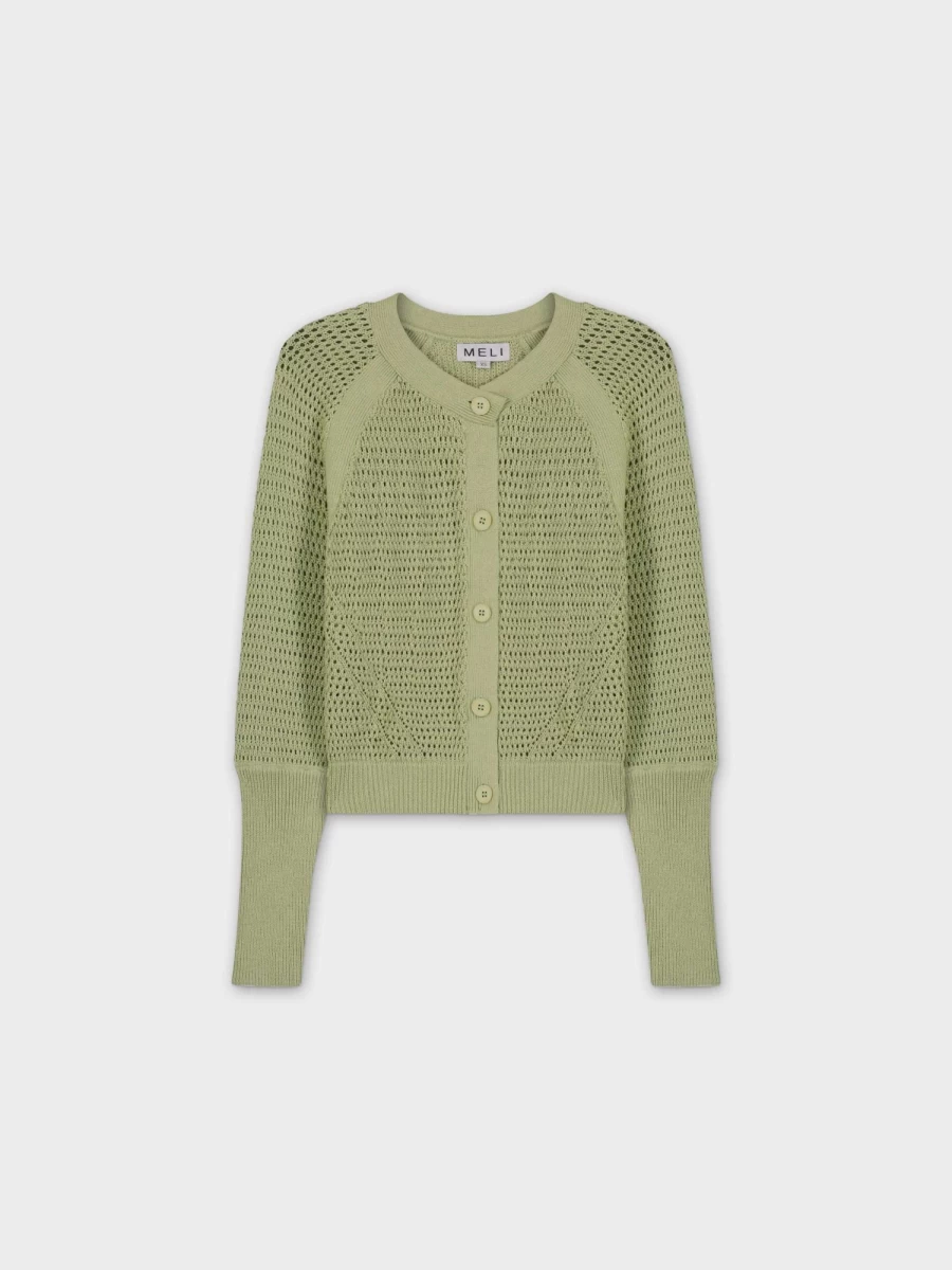 MELI Women's Sage Green Crochet Crew Cardigan - Handmade Knit Sweater Lightweight Open Front
