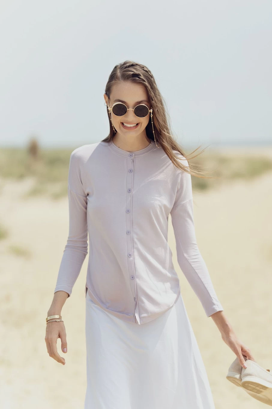 MELI Women's Lavender Button Down Short Sleeve Tee Shirt