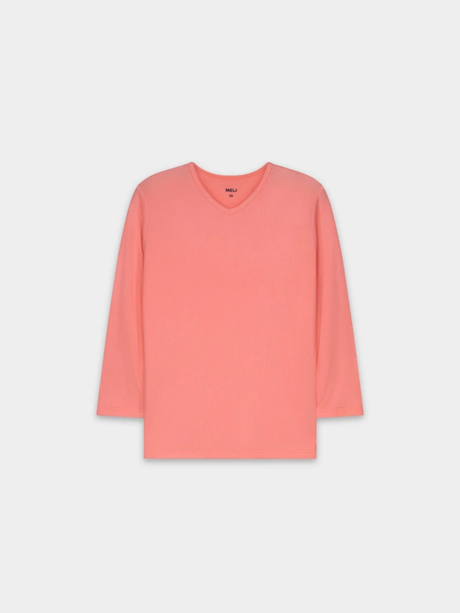 MELI Women's Ribbed High V-Neck 3/4 Sleeve Top in Pink - Soft Stretch Fit