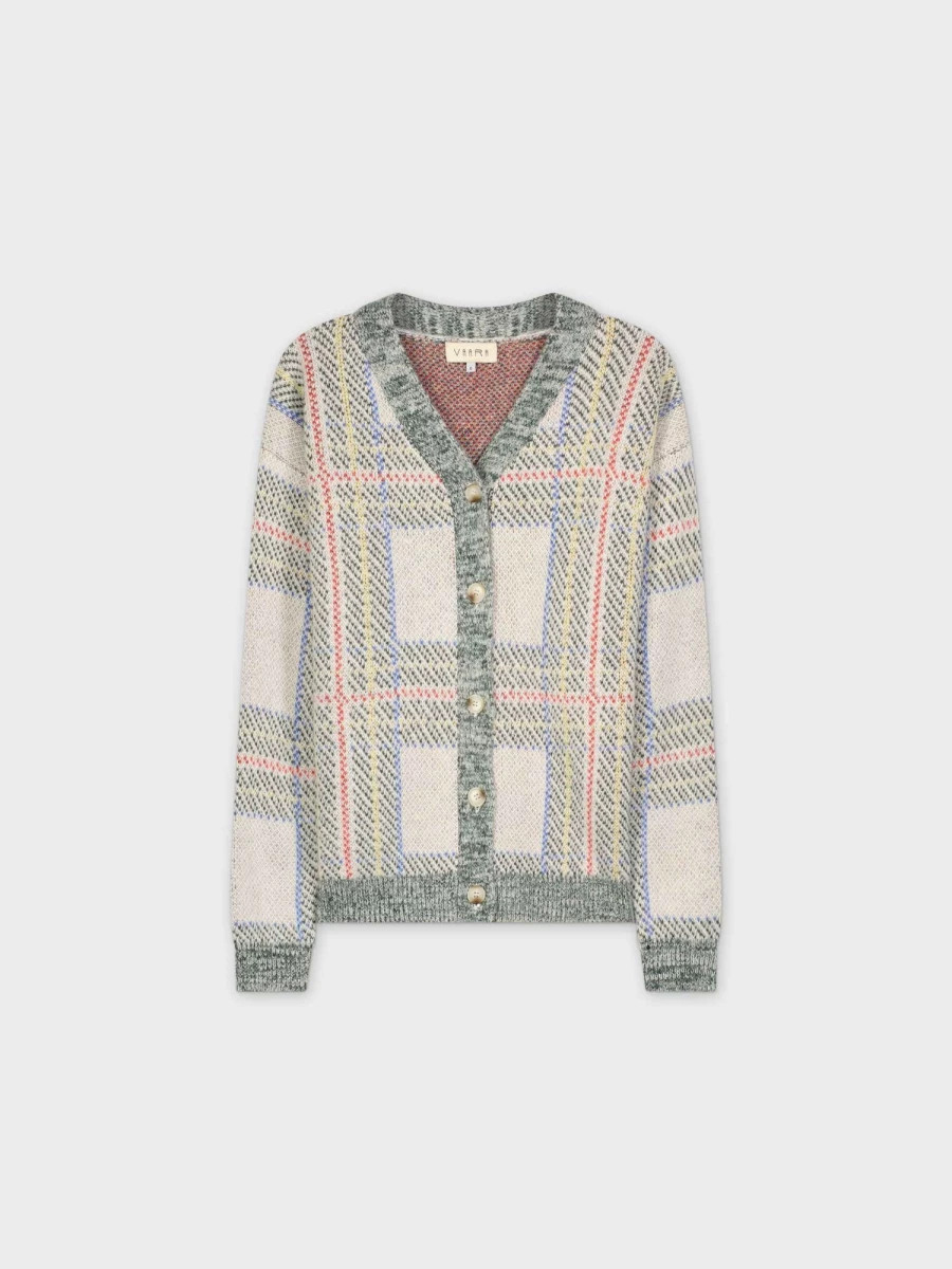 VAARA Women's Ivory Plaid Knit Cardigan - Soft Cozy Long Sleeve Open Front Sweater