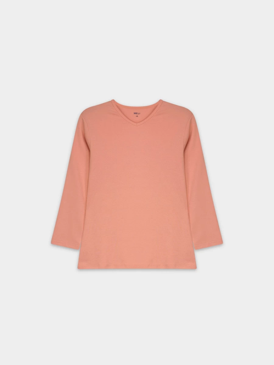 MELI Women's Basic V-Neck T-Shirt in Peach - Soft High Neck Tee for Women
